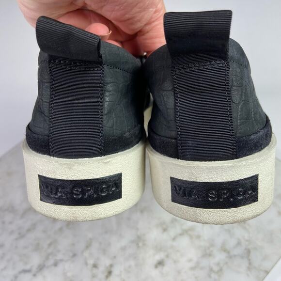 Via Spiga Black Slip On Sneakers Leather Embossed Croc Flatform Size 8 $225 - Picture 7 of 9